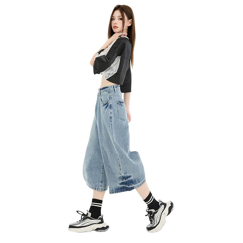 아메리칸 레트로 하이웨이스트 루즈핏 와이드 레그 팬츠 도루 센스 거친 가장자리 스트레이트 7부 바지 청바지 여성 봄 여름 새로운 이미지 5