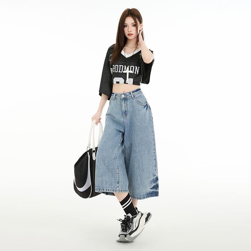 아메리칸 레트로 하이웨이스트 루즈핏 와이드 레그 팬츠 도루 센스 거친 가장자리 스트레이트 7부 바지 청바지 여성 봄 여름 새로운