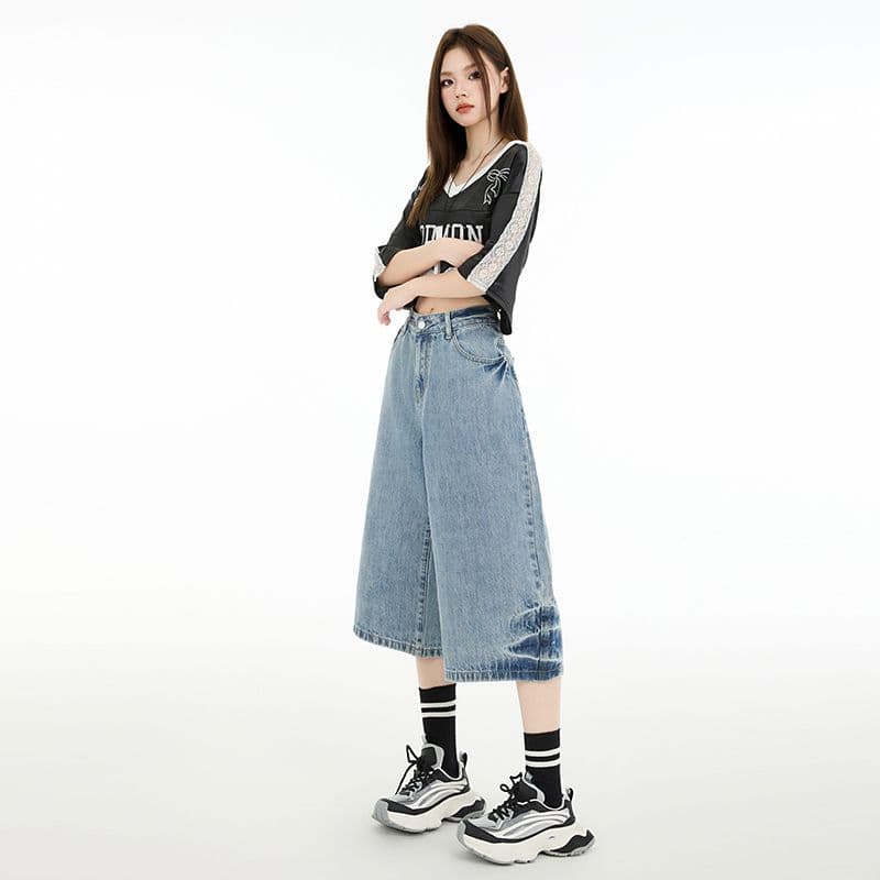 아메리칸 레트로 하이웨이스트 루즈핏 와이드 레그 팬츠 도루 센스 거친 가장자리 스트레이트 7부 바지 청바지 여성 봄 여름 새로운 이미지 2