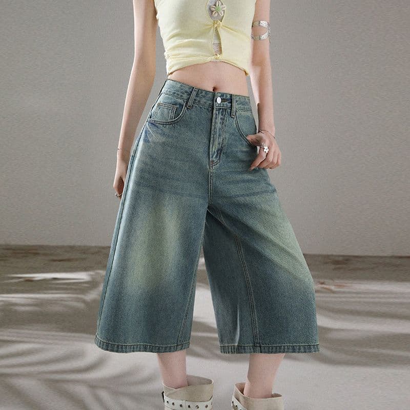 아메리칸 레트로 워싱 마 오래된 7부 바지 넓은 다리 데님 반바지 여성 여름 새로운 8 점 스트레이트 팬츠 이미지 4