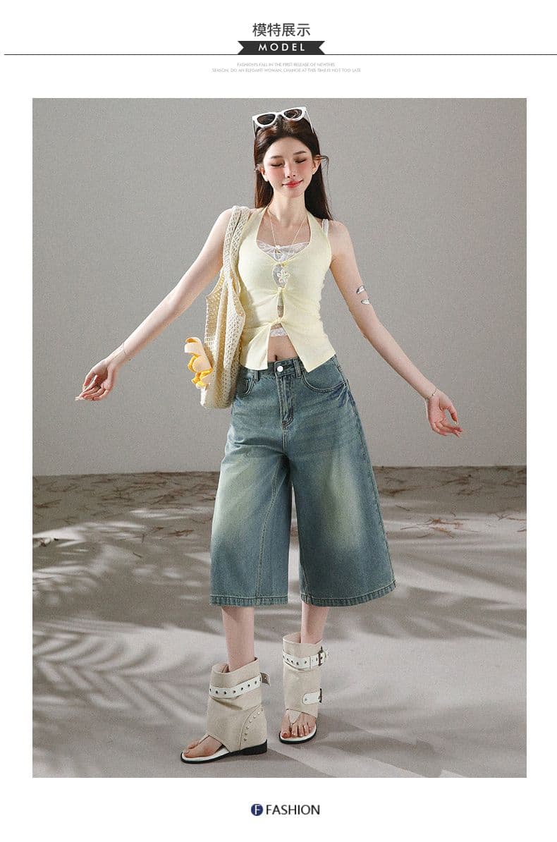 아메리칸 레트로 워싱 마 오래된 7부 바지 넓은 다리 데님 반바지 여성 여름 새로운 8 점 스트레이트 팬츠 상세 이미지 10