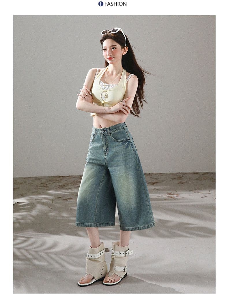 아메리칸 레트로 워싱 마 오래된 7부 바지 넓은 다리 데님 반바지 여성 여름 새로운 8 점 스트레이트 팬츠 상세 이미지 14