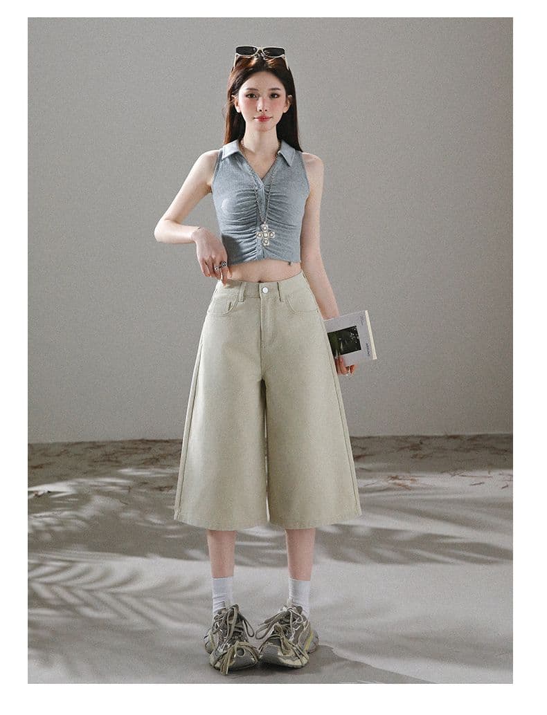 카키 색 다용도 넓은 다리 7 점 청바지 여성 2026 여름 하이웨이스트 슬림해 보이는 디자인 센스 루즈핏 스트레이트 바지 상세 이미지 10