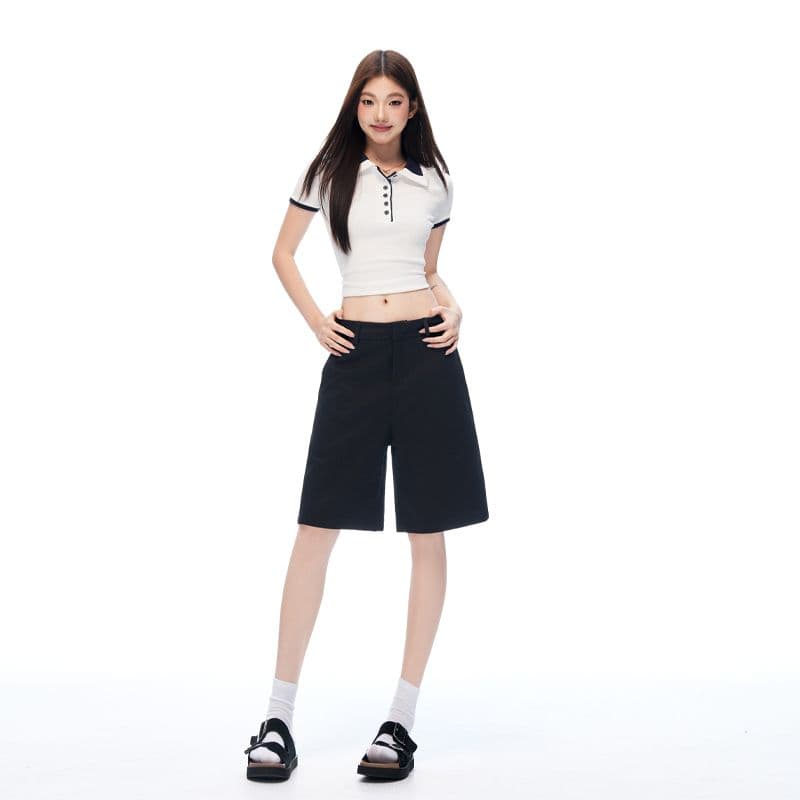새로운 검정색 오래된 돈 바람 주간 실크 넓은 다리 워크웨어 캐주얼 바지 품격 스트레이트 반바지 여성 이미지 2