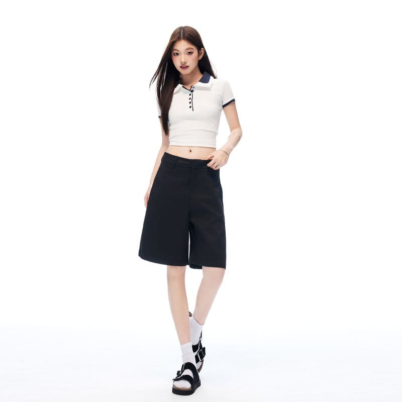 새로운 검정색 오래된 돈 바람 주간 실크 넓은 다리 워크웨어 캐주얼 바지 품격 스트레이트 반바지 여성