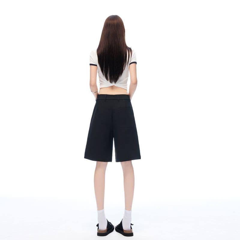 새로운 검정색 오래된 돈 바람 주간 실크 넓은 다리 워크웨어 캐주얼 바지 품격 스트레이트 반바지 여성 이미지 4