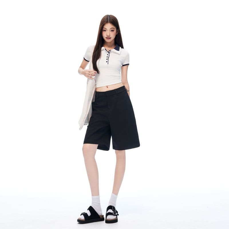 새로운 검정색 오래된 돈 바람 주간 실크 넓은 다리 워크웨어 캐주얼 바지 품격 스트레이트 반바지 여성 이미지 3