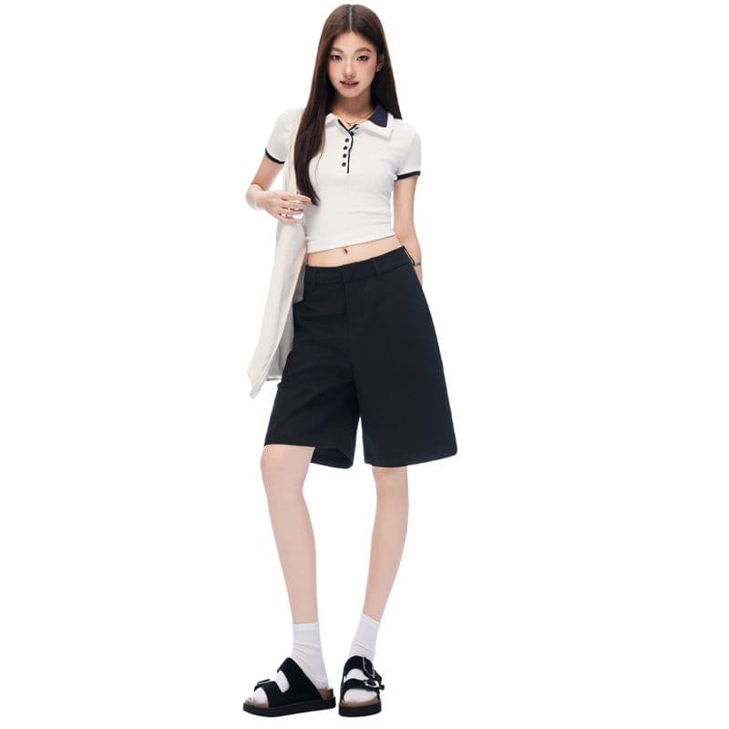 새로운 검정색 오래된 돈 바람 주간 실크 넓은 다리 워크웨어 캐주얼 바지 품격 스트레이트 반바지 여성 이미지 5