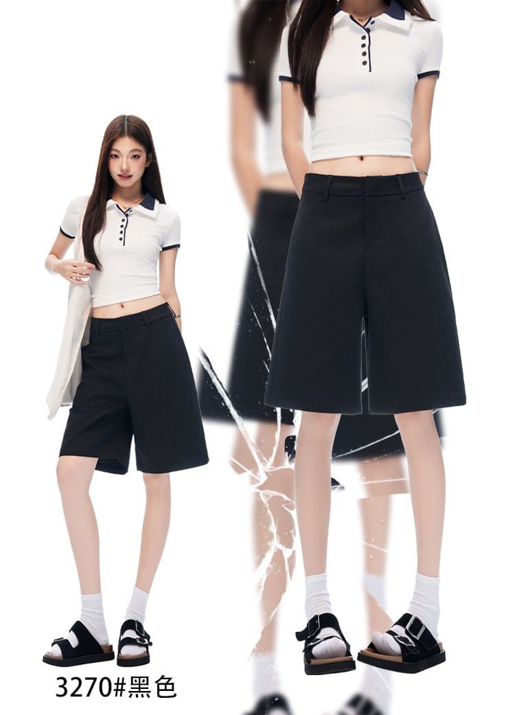 새로운 검정색 오래된 돈 바람 주간 실크 넓은 다리 워크웨어 캐주얼 바지 품격 스트레이트 반바지 여성 상세 이미지 1