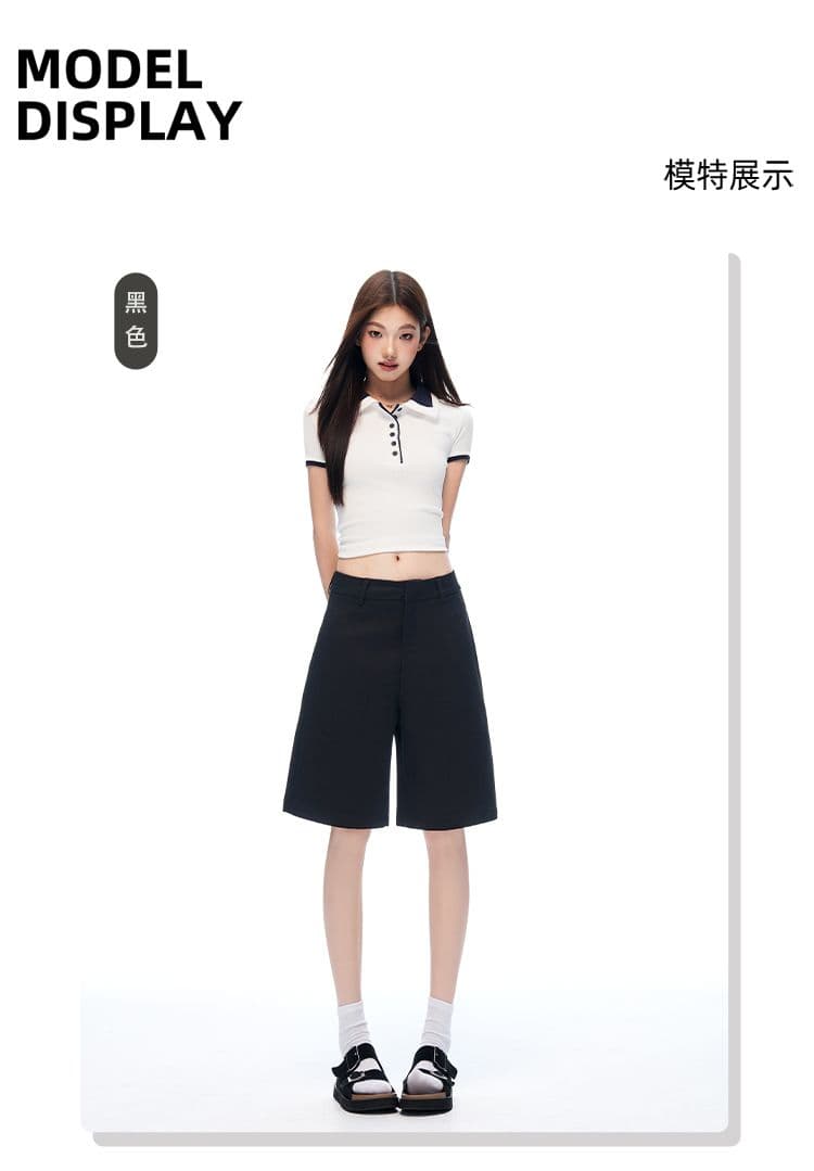 새로운 검정색 오래된 돈 바람 주간 실크 넓은 다리 워크웨어 캐주얼 바지 품격 스트레이트 반바지 여성 상세 이미지 5
