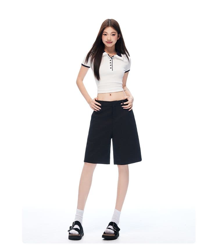 새로운 검정색 오래된 돈 바람 주간 실크 넓은 다리 워크웨어 캐주얼 바지 품격 스트레이트 반바지 여성 상세 이미지 9