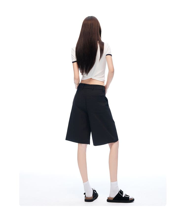 새로운 검정색 오래된 돈 바람 주간 실크 넓은 다리 워크웨어 캐주얼 바지 품격 스트레이트 반바지 여성 상세 이미지 10