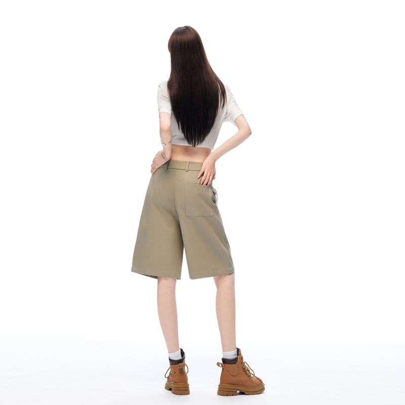 새로운 카키 녹색 오래된 돈 바람 주간 실크 넓은 다리 워크웨어 캐주얼 바지 품격 스트레이트 반바지 여성 이미지 4