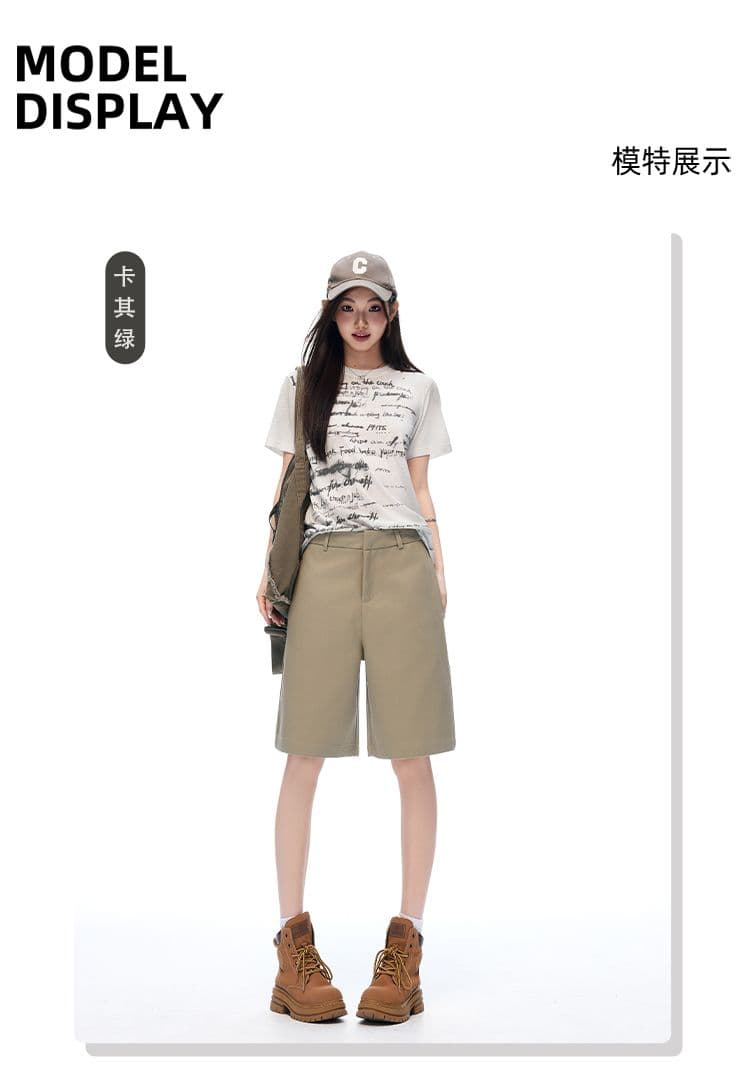 새로운 카키 녹색 오래된 돈 바람 주간 실크 넓은 다리 워크웨어 캐주얼 바지 품격 스트레이트 반바지 여성 상세 이미지 5