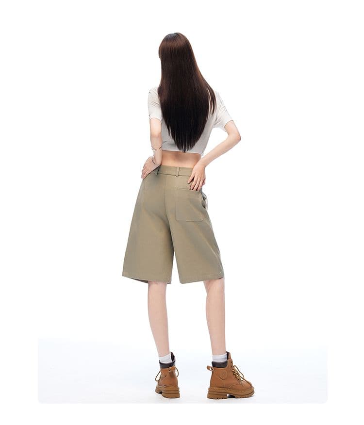 새로운 카키 녹색 오래된 돈 바람 주간 실크 넓은 다리 워크웨어 캐주얼 바지 품격 스트레이트 반바지 여성 상세 이미지 10