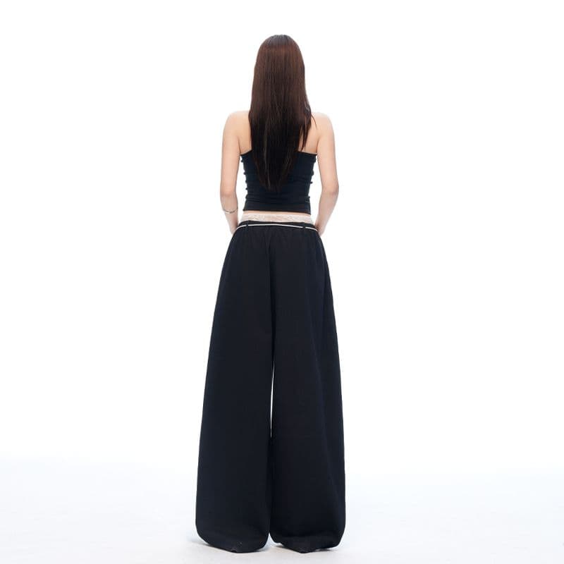 새로운 검정색 페이크 레이어드 모통이 칼 캐주얼 바지 여성 여름 레이스 더블 허리 머리 루즈핏 와이드 레그 팬츠 이미지 4