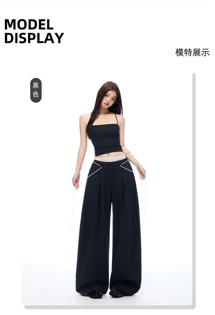 새로운 검정색 페이크 레이어드 모통이 칼 캐주얼 바지 여성 여름 레이스 더블 허리 머리 루즈핏 와이드 레그 팬츠 상세 이미지 4