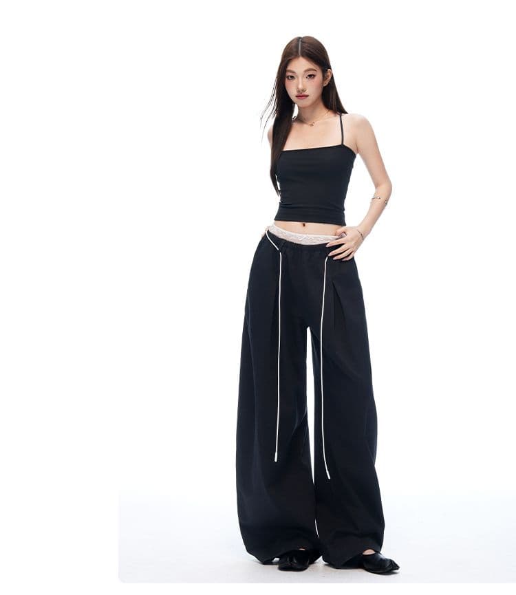 새로운 검정색 페이크 레이어드 모통이 칼 캐주얼 바지 여성 여름 레이스 더블 허리 머리 루즈핏 와이드 레그 팬츠 상세 이미지 6