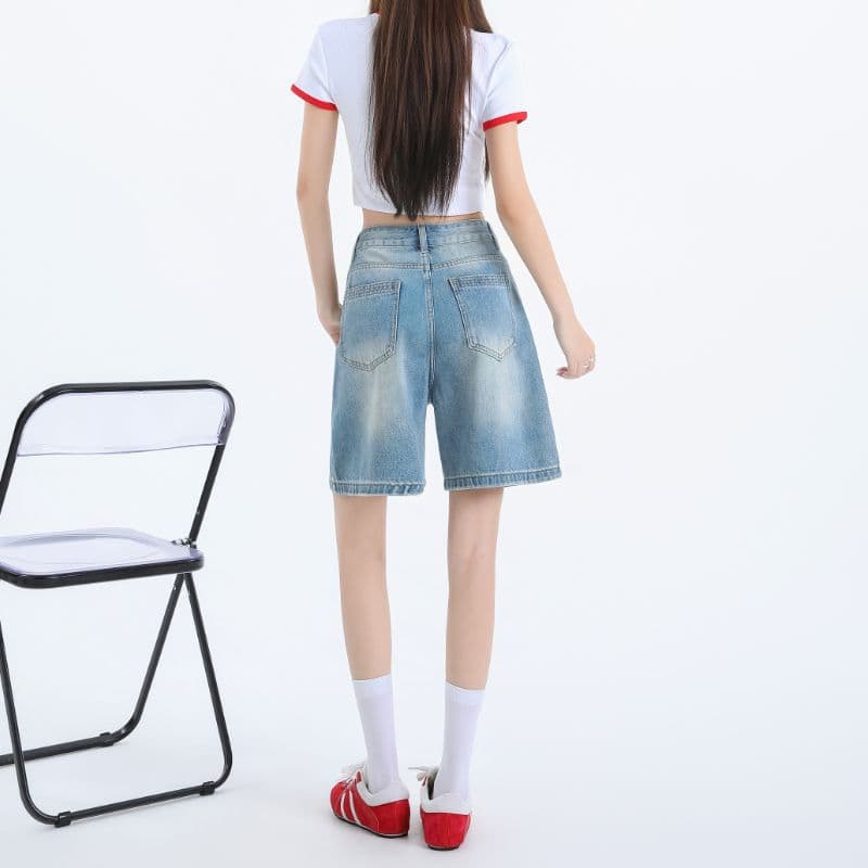 파란색 레트로 하이웨이스트 데님 반바지 여성 여름 다용도 루즈핏 슬림해 보이는 스트레이트 오부 바지 캐주얼 바지 이미지 3