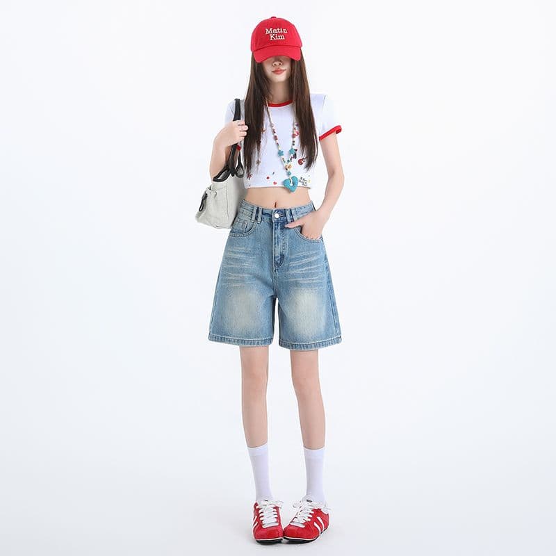 파란색 레트로 하이웨이스트 데님 반바지 여성 여름 다용도 루즈핏 슬림해 보이는 스트레이트 오부 바지 캐주얼 바지 이미지 2