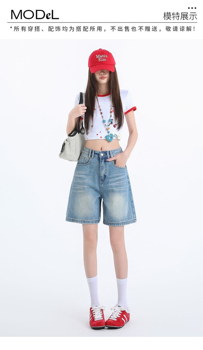 파란색 레트로 하이웨이스트 데님 반바지 여성 여름 다용도 루즈핏 슬림해 보이는 스트레이트 오부 바지 캐주얼 바지 상세 이미지 9