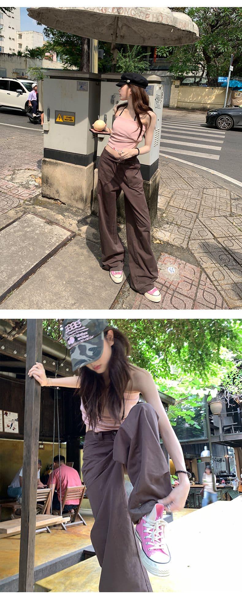 브라운 니켈 색상 시스템 차가운 바람의 소리 워크웨어 팬츠 달콤한 차가운 대비 단순한 고급 바지 더블 버클 조절 가능 상세 이미지 5
