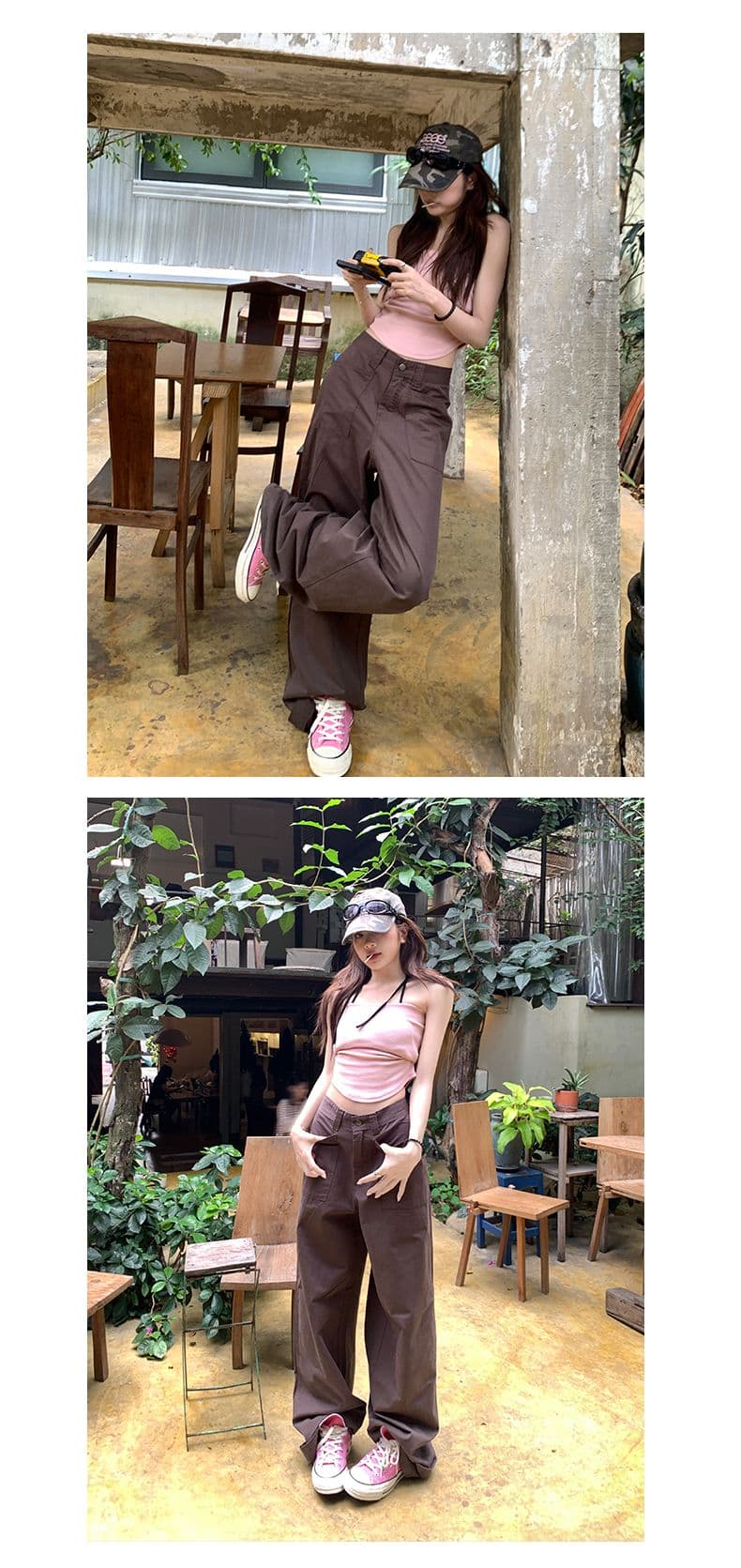 브라운 니켈 색상 시스템 차가운 바람의 소리 워크웨어 팬츠 달콤한 차가운 대비 단순한 고급 바지 더블 버클 조절 가능 상세 이미지 6