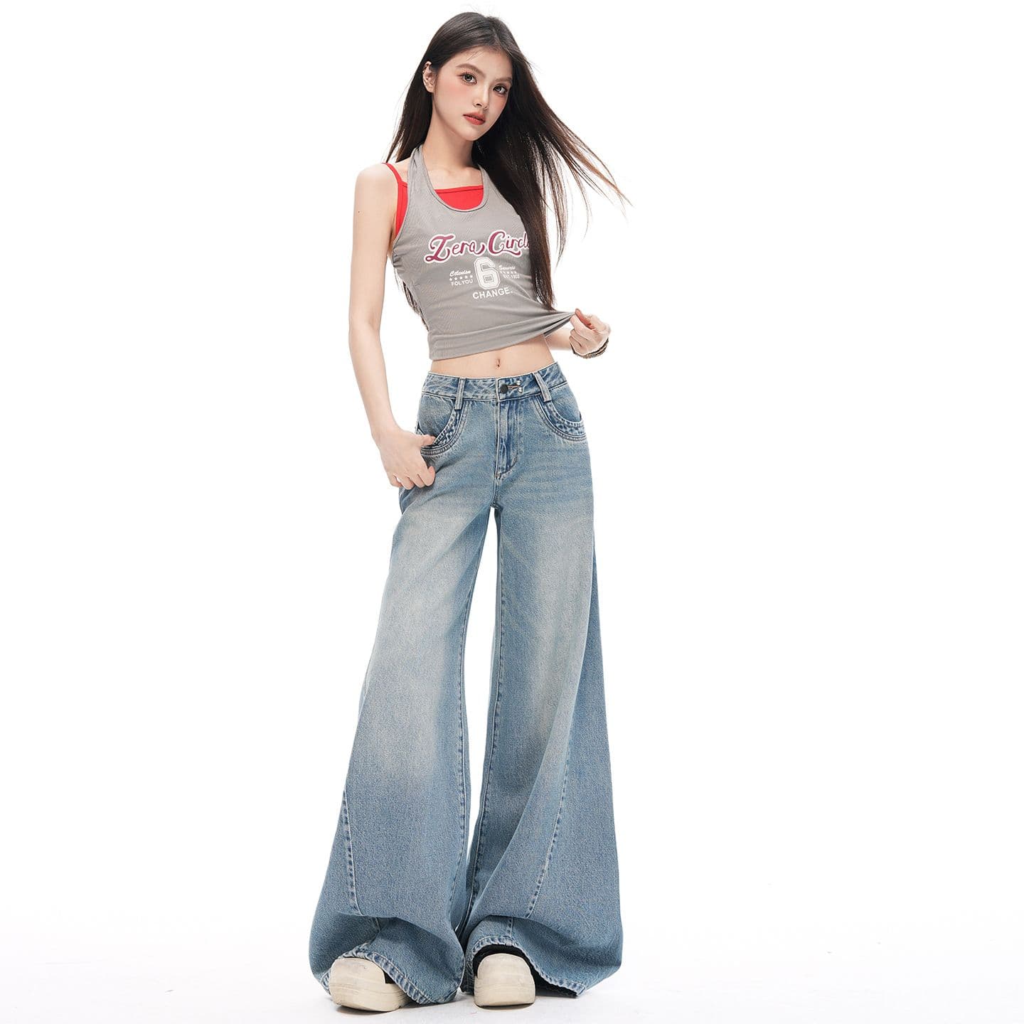 아메리칸 레트로 해체 디자인 루즈핏 나팔 넓은 다리 청바지 여성 이미지 2