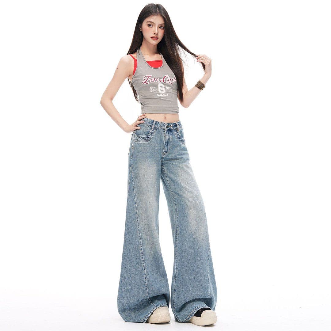 아메리칸 레트로 해체 디자인 루즈핏 나팔 넓은 다리 청바지 여성 이미지 3