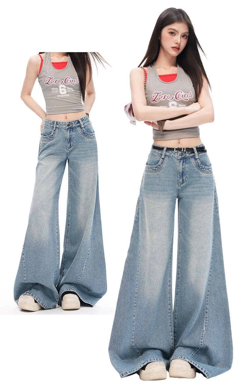 아메리칸 레트로 해체 디자인 루즈핏 나팔 넓은 다리 청바지 여성 상세 이미지 13