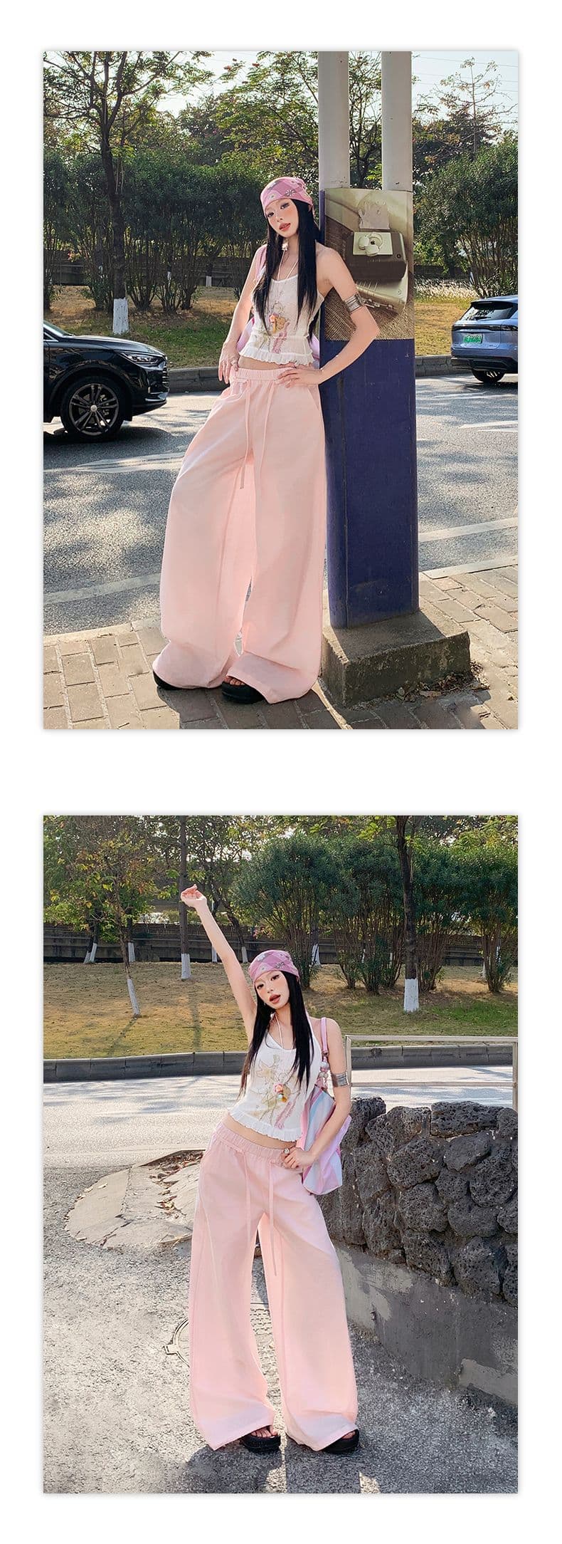 신제품 2026 여름 새로운 아메리칸 미니멀리즘 도파민 핑크색 캐주얼 와이드 레그 팬츠 상세 이미지 9