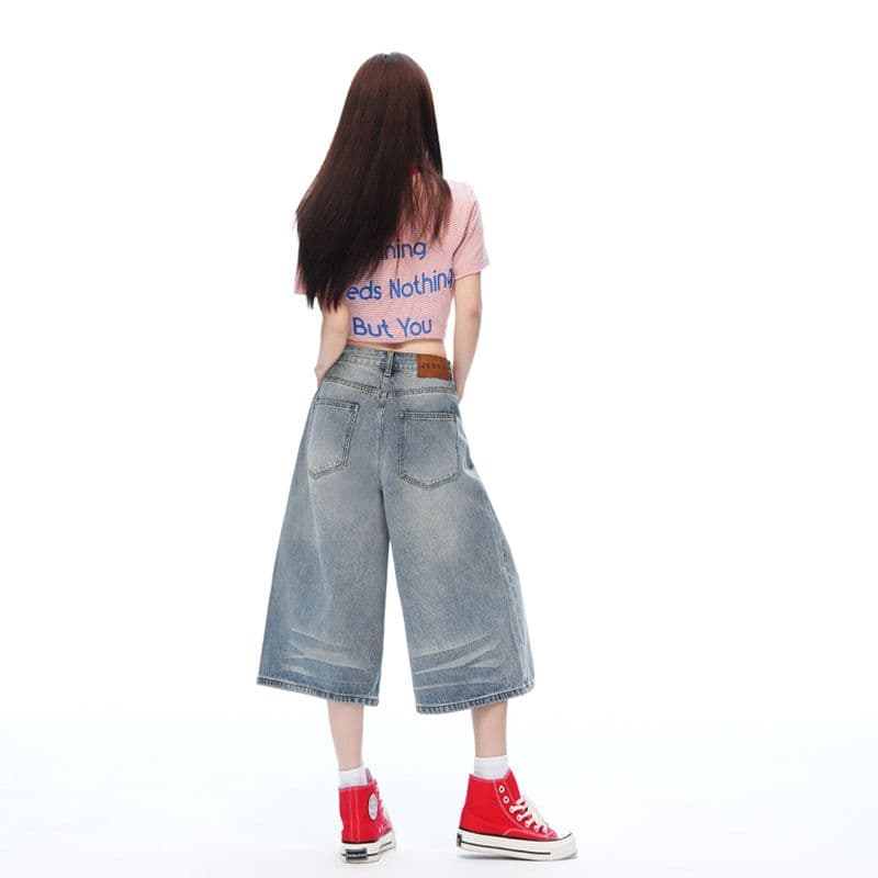 새로운 하늘색 디자인 센스 워싱 7 점 데님 반바지 여성 루즈핏 슬림해 보이는 스트레이트 와이드 레그 팬츠 이미지 3