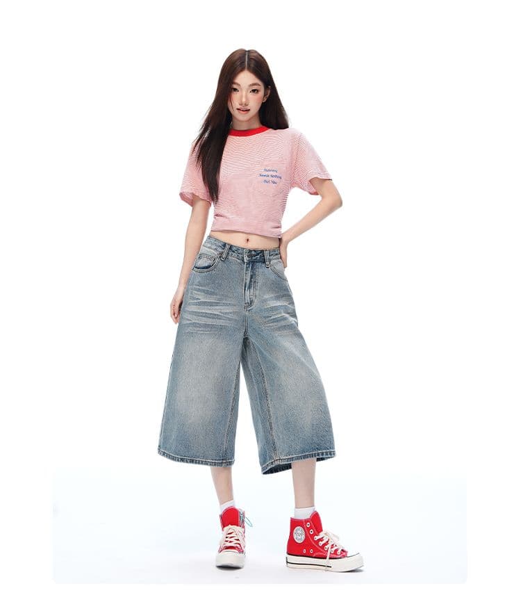 새로운 하늘색 디자인 센스 워싱 7 점 데님 반바지 여성 루즈핏 슬림해 보이는 스트레이트 와이드 레그 팬츠 상세 이미지 9