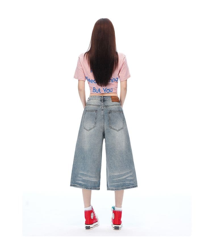 새로운 하늘색 디자인 센스 워싱 7 점 데님 반바지 여성 루즈핏 슬림해 보이는 스트레이트 와이드 레그 팬츠 상세 이미지 10