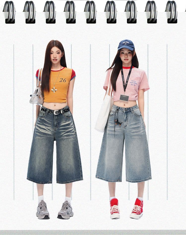 새로운 레트로 블루 디자인 센스 워싱 7 점 데님 반바지 여성 루즈핏 슬림해 보이는 스트레이트 와이드 레그 팬츠 상세 이미지 2