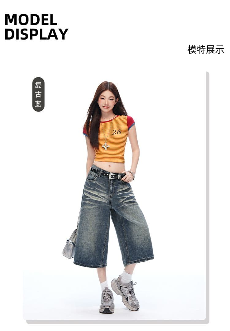 새로운 레트로 블루 디자인 센스 워싱 7 점 데님 반바지 여성 루즈핏 슬림해 보이는 스트레이트 와이드 레그 팬츠 상세 이미지 5