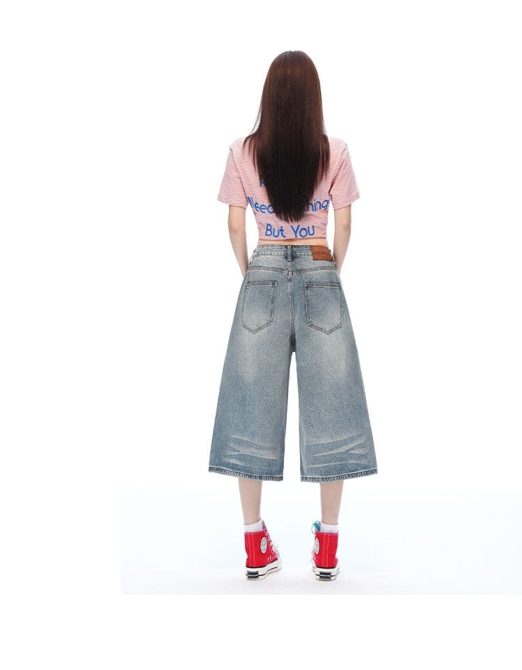 새로운 레트로 블루 디자인 센스 워싱 7 점 데님 반바지 여성 루즈핏 슬림해 보이는 스트레이트 와이드 레그 팬츠 상세 이미지 15