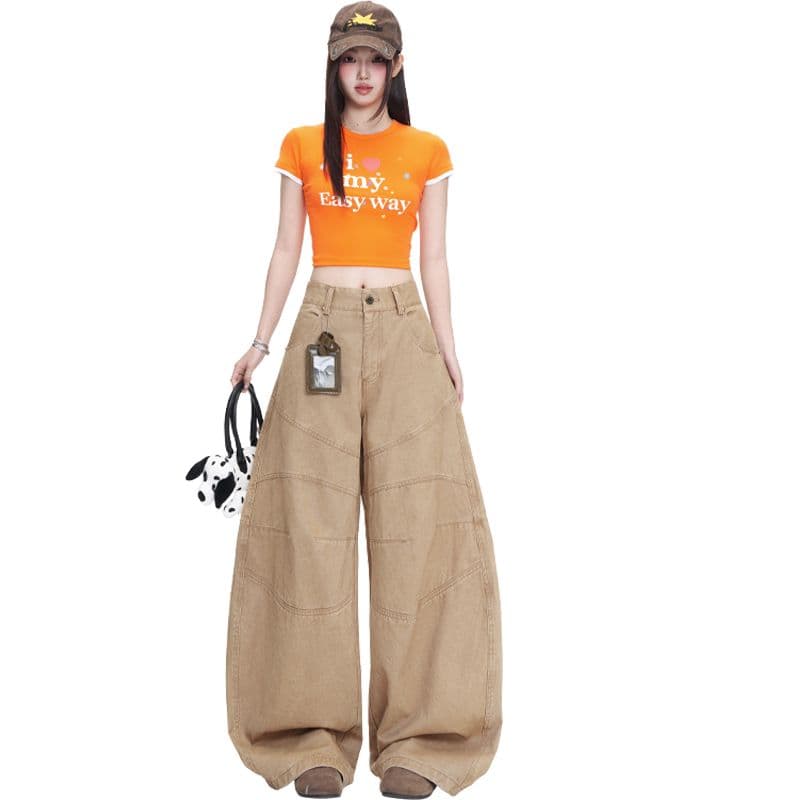 섹션 카키 색 프로필 모양 해체 3 차원 루즈핏 캐주얼 모통이 칼 바지 마 오래된 워싱 면 워크웨어 팬츠 여성 이미지 5