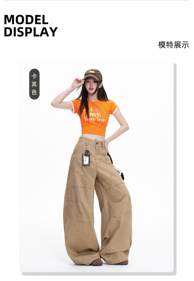 섹션 카키 색 프로필 모양 해체 3 차원 루즈핏 캐주얼 모통이 칼 바지 마 오래된 워싱 면 워크웨어 팬츠 여성 상세 이미지 5