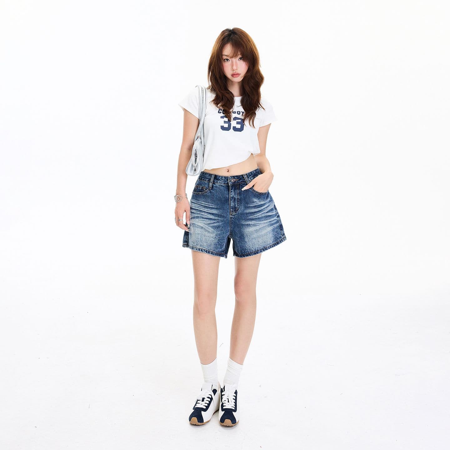 2 색 아메리칸 레트로 하이웨이스트 워싱 노스탤지어 루즈핏 와이드 레그 팬츠 주름 반바지 다용도 청바지 여성 새로운 이미지 2