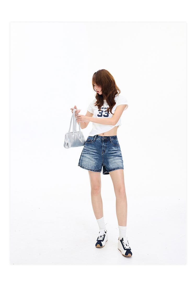 2 색 아메리칸 레트로 하이웨이스트 워싱 노스탤지어 루즈핏 와이드 레그 팬츠 주름 반바지 다용도 청바지 여성 새로운 상세 이미지 9