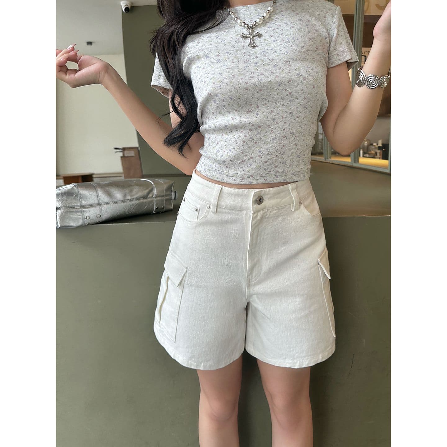 아메리칸 레트로 하이웨이스트 루즈핏 와이드 레그 팬츠 주머니 워크웨어 팬츠 다용도 슬림해 보이는 반바지 청바지 여성 이미지 2