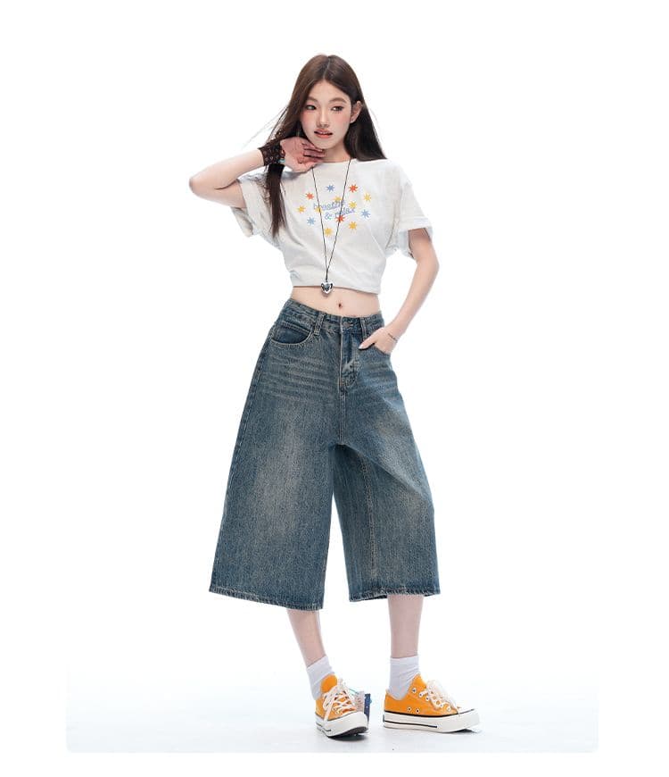 화이트 아메리칸 레트로 하이웨이스트 루즈핏 와이드 레그 팬츠 봄 여름 슬림해 보이는 7 점 청바지 여성 상세 이미지 13