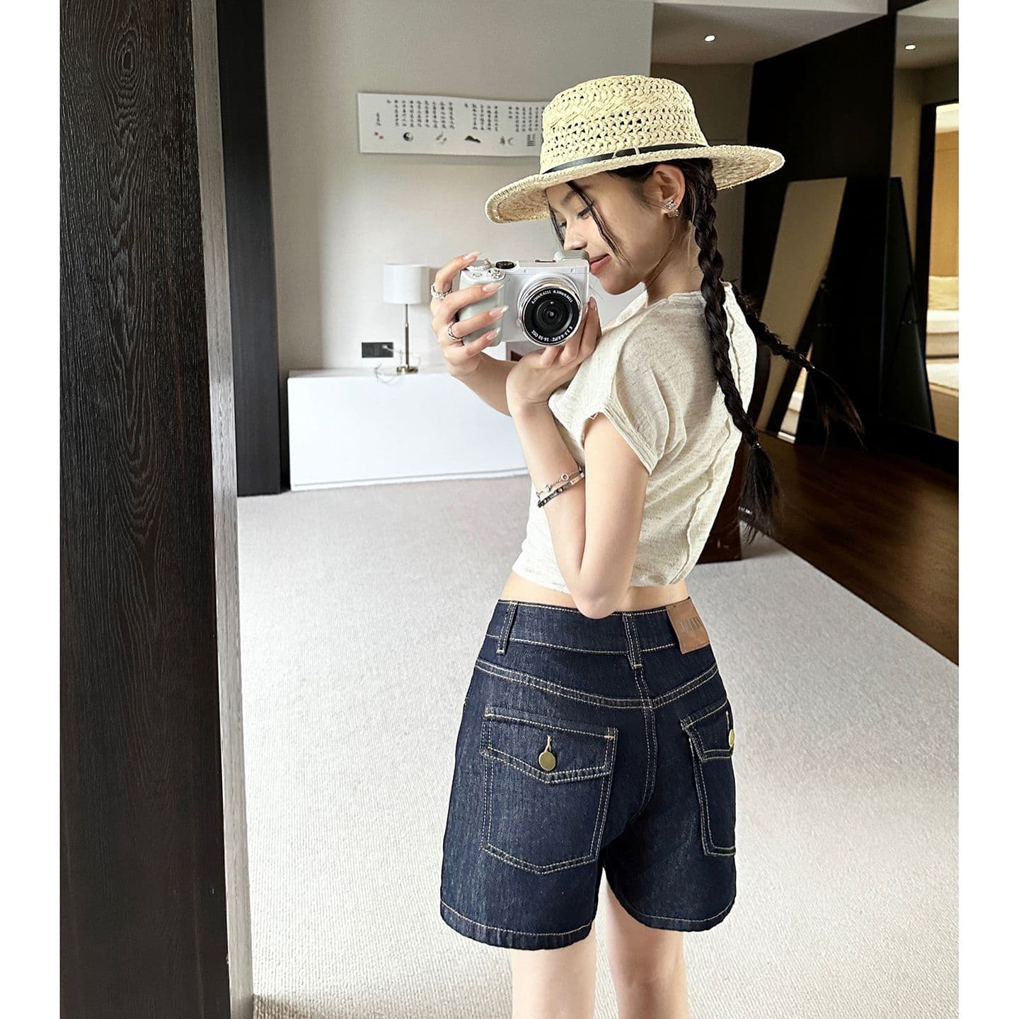 아메리칸 레트로 하이웨이스트 루즈핏 반바지 다용도 슬림해 보이는 여름 새로운 한 마디 바지 스트레이트 청바지 여성 이미지 3