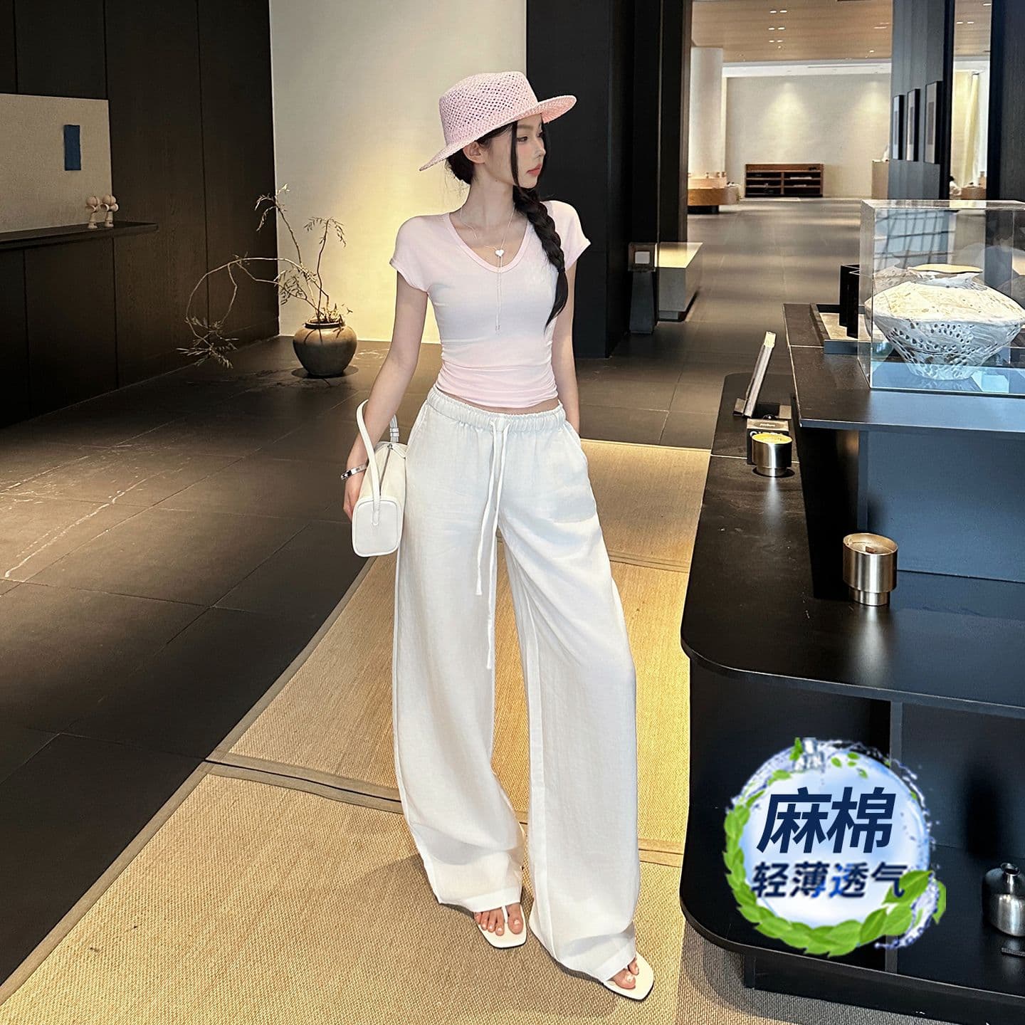 레트로 마 면 루즈핏 와이드 레그 팬츠 허리밴드 펌프 로프 얇은 스타일 여름 도루 센스 시원한 스트레이트 캐주얼 바지 여성
