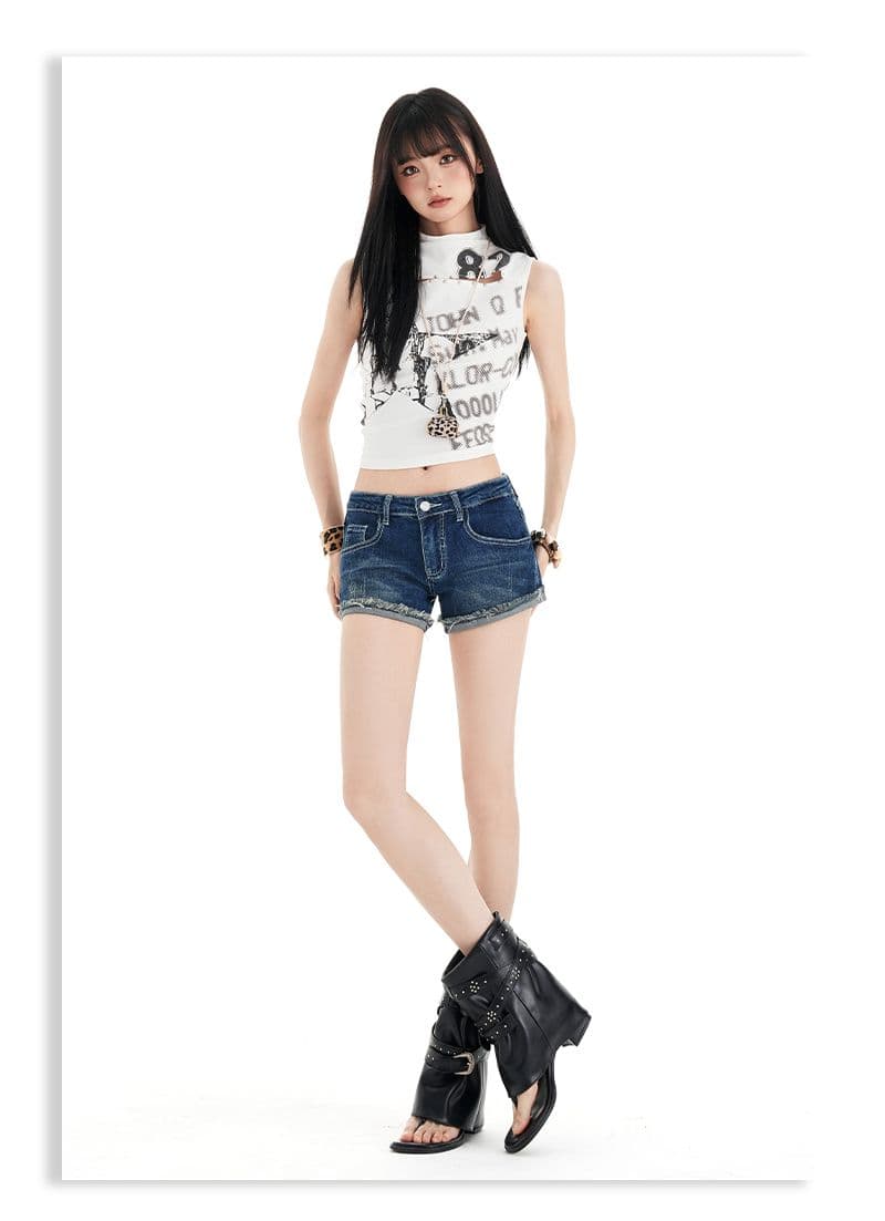 아메리칸 레트로 핫걸 타이트 로우 웨이스트 거친 가장자리 데님 반바지 여성 상세 이미지 11