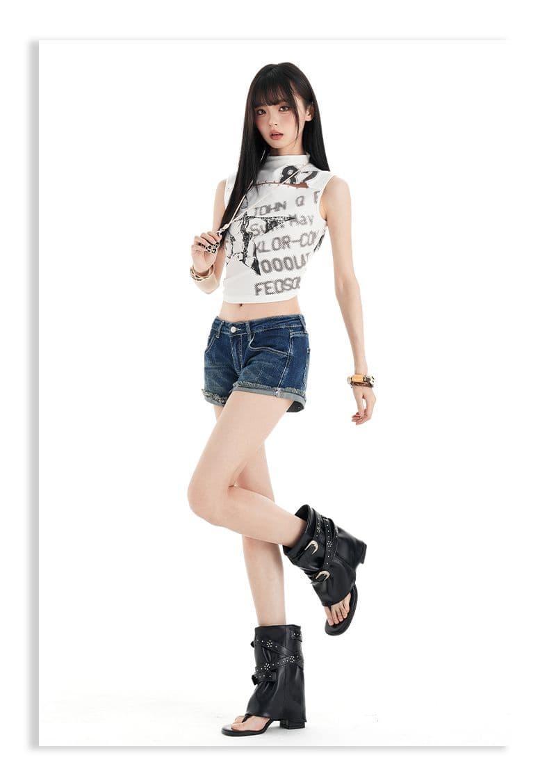 아메리칸 레트로 핫걸 타이트 로우 웨이스트 거친 가장자리 데님 반바지 여성 상세 이미지 15