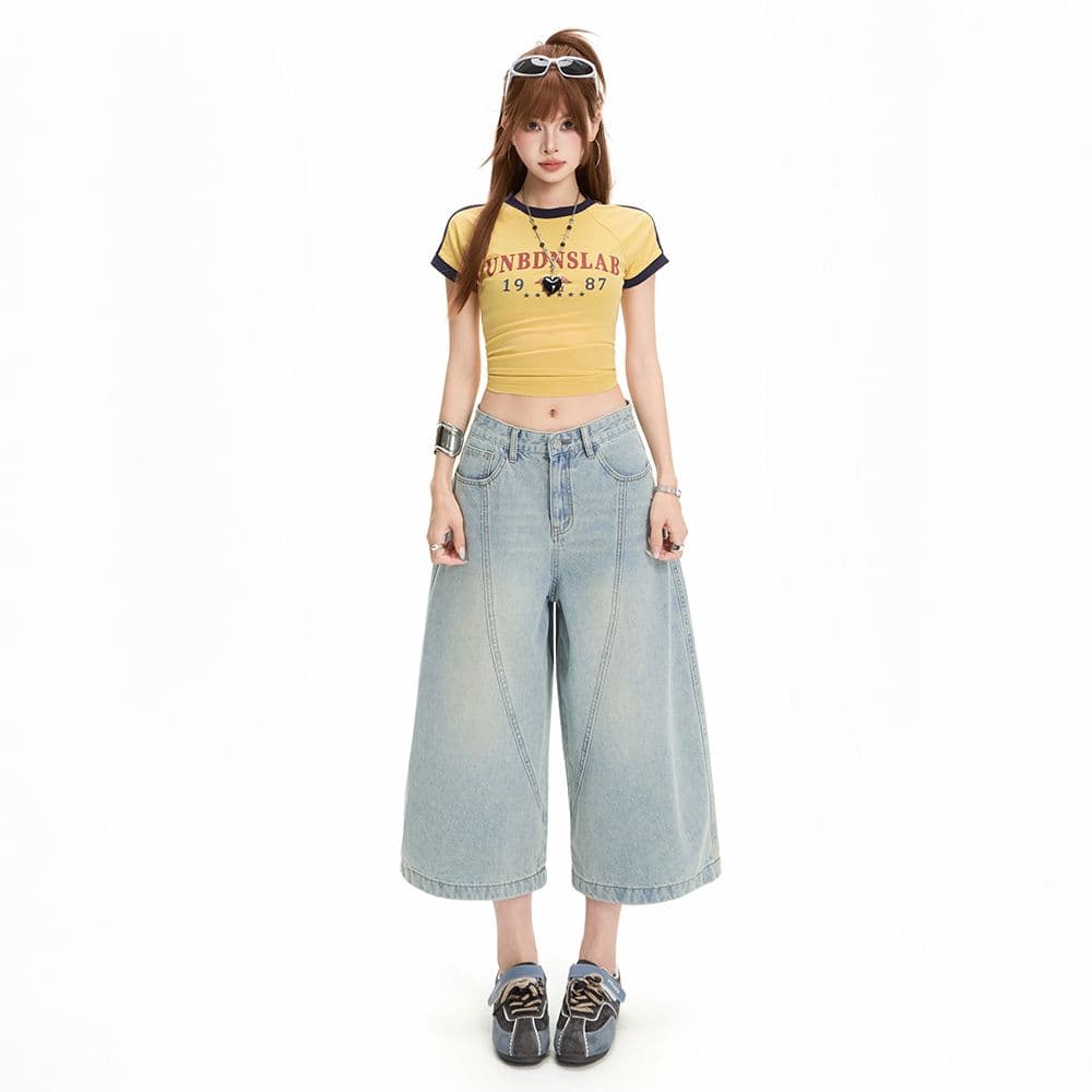 밝은색 7 점 아메리칸 레트로 루즈핏 모통이 칼 청바지 여성 여름 높음 거리 와이드 레그 팬츠 트렌디 이미지 3