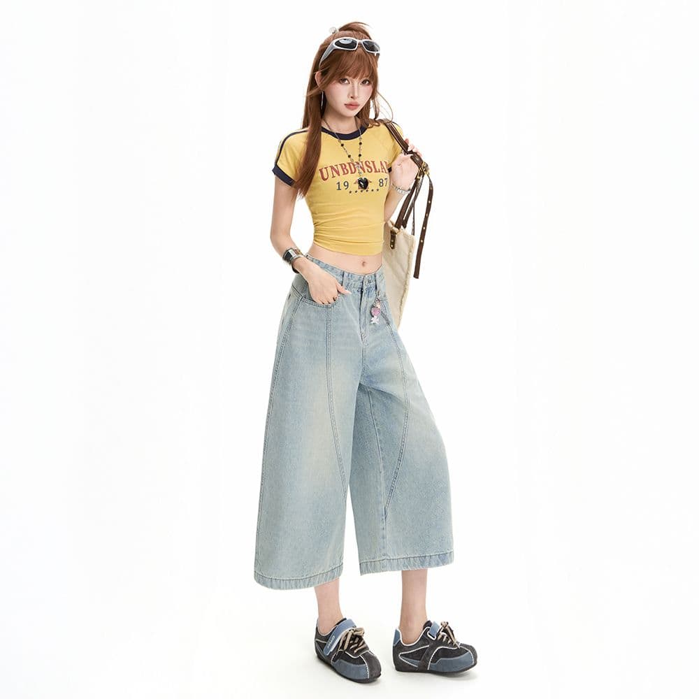 밝은색 7 점 아메리칸 레트로 루즈핏 모통이 칼 청바지 여성 여름 높음 거리 와이드 레그 팬츠 트렌디