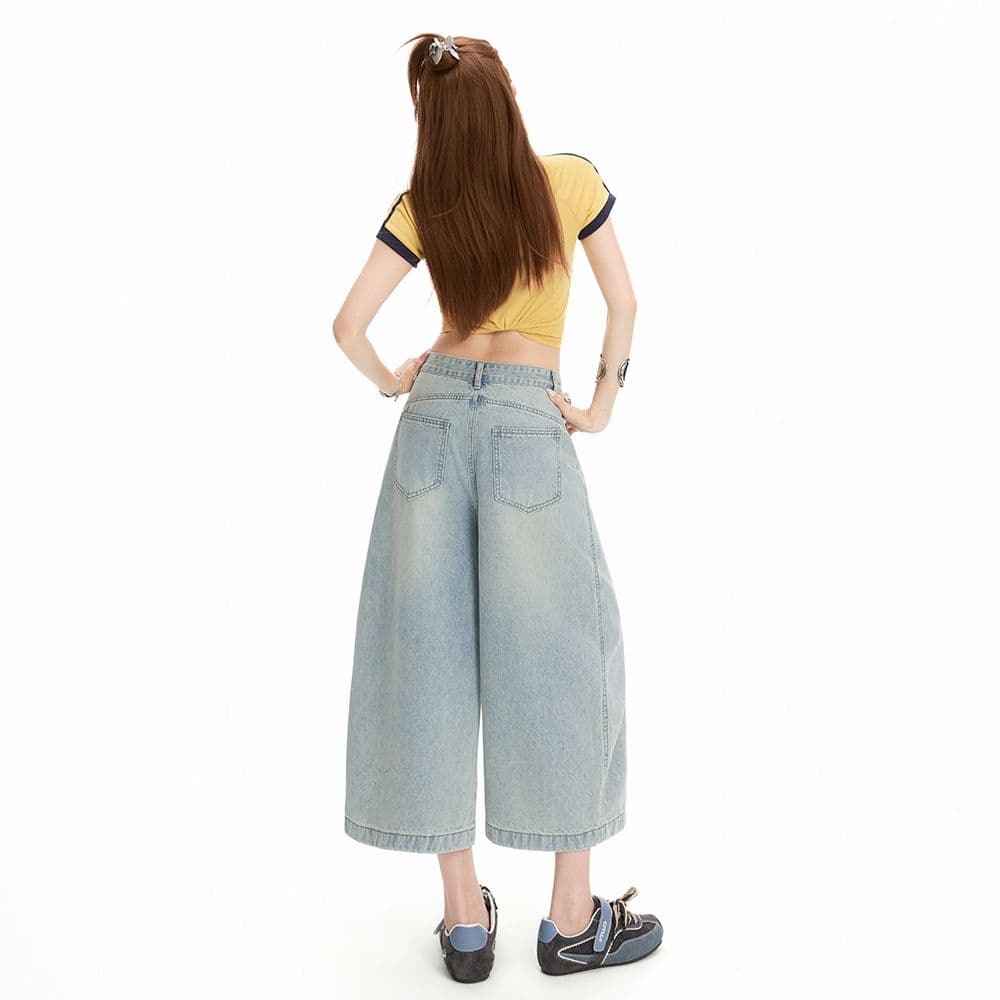 밝은색 7 점 아메리칸 레트로 루즈핏 모통이 칼 청바지 여성 여름 높음 거리 와이드 레그 팬츠 트렌디 이미지 4